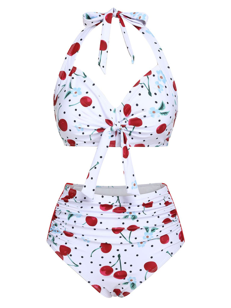 White 1950s Cherry Lace-Up Halter Swimsuit