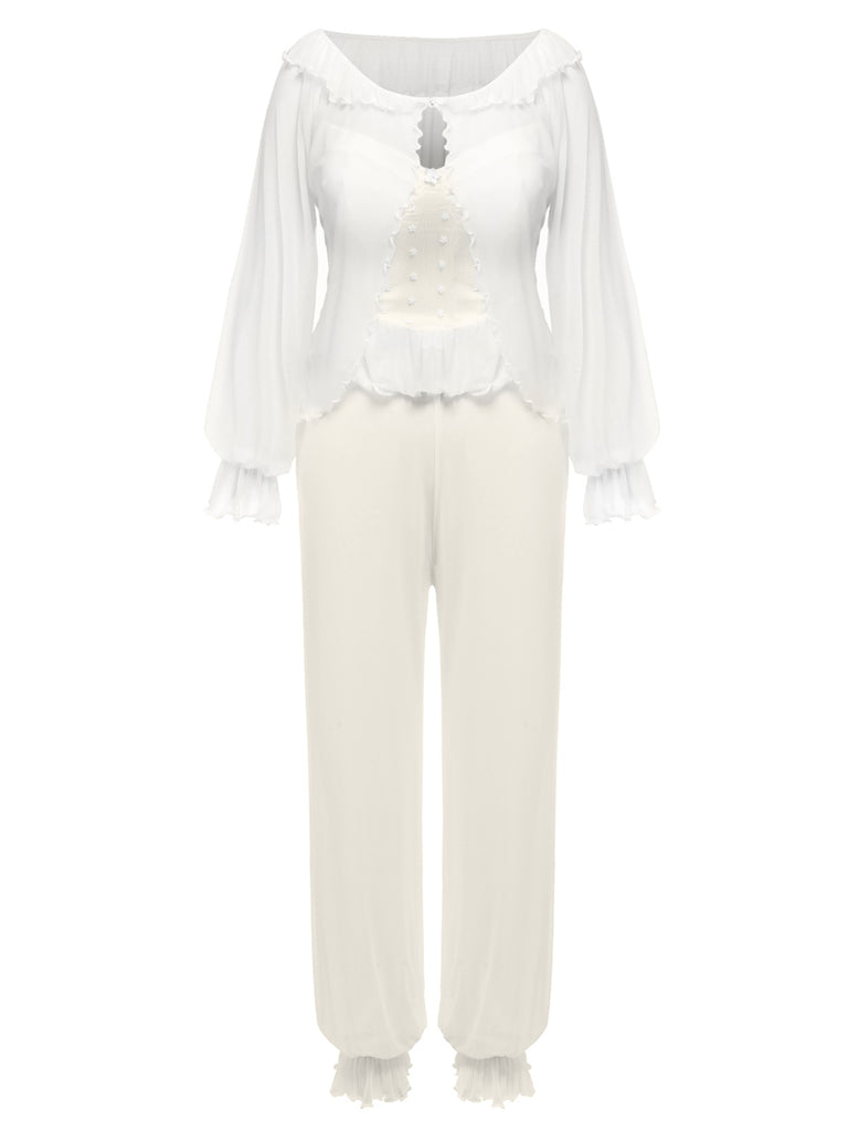 2PCS White 1950s Long Sleeves Pajamas