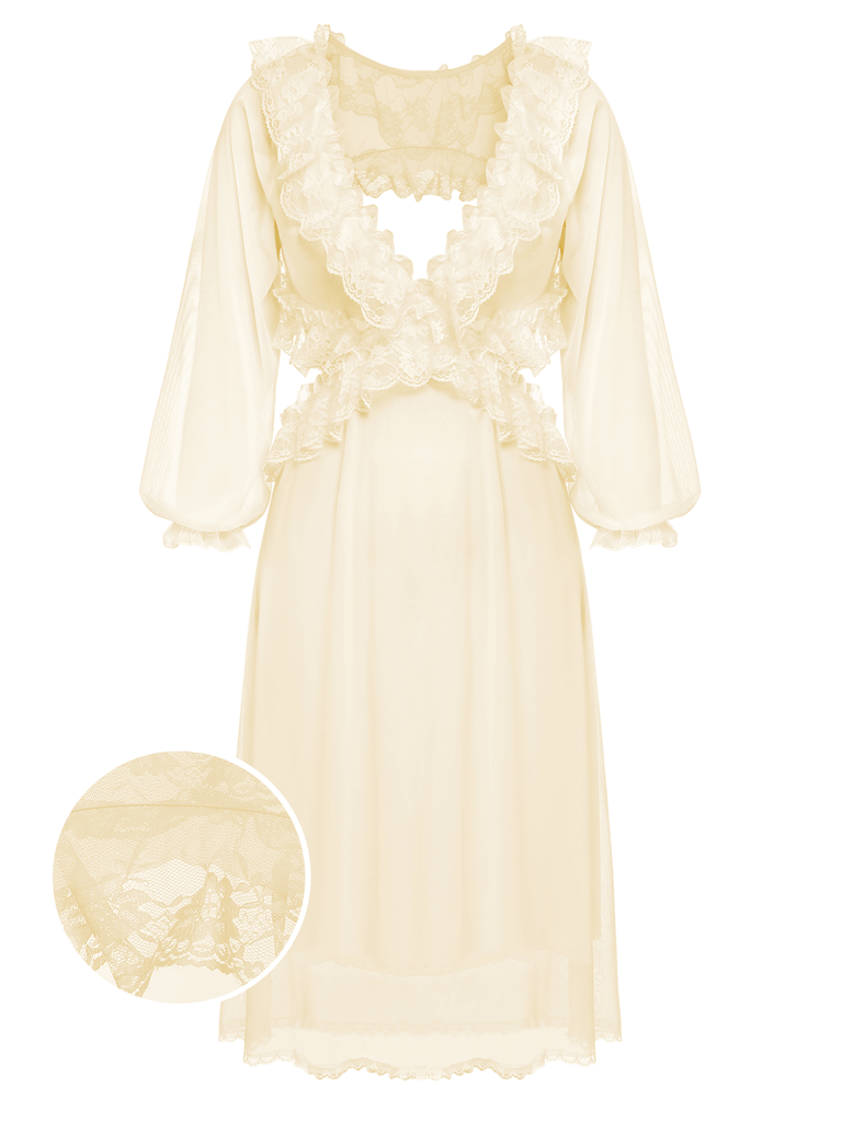 1950s Lace Ruffle Backless V-Neck Nightgown