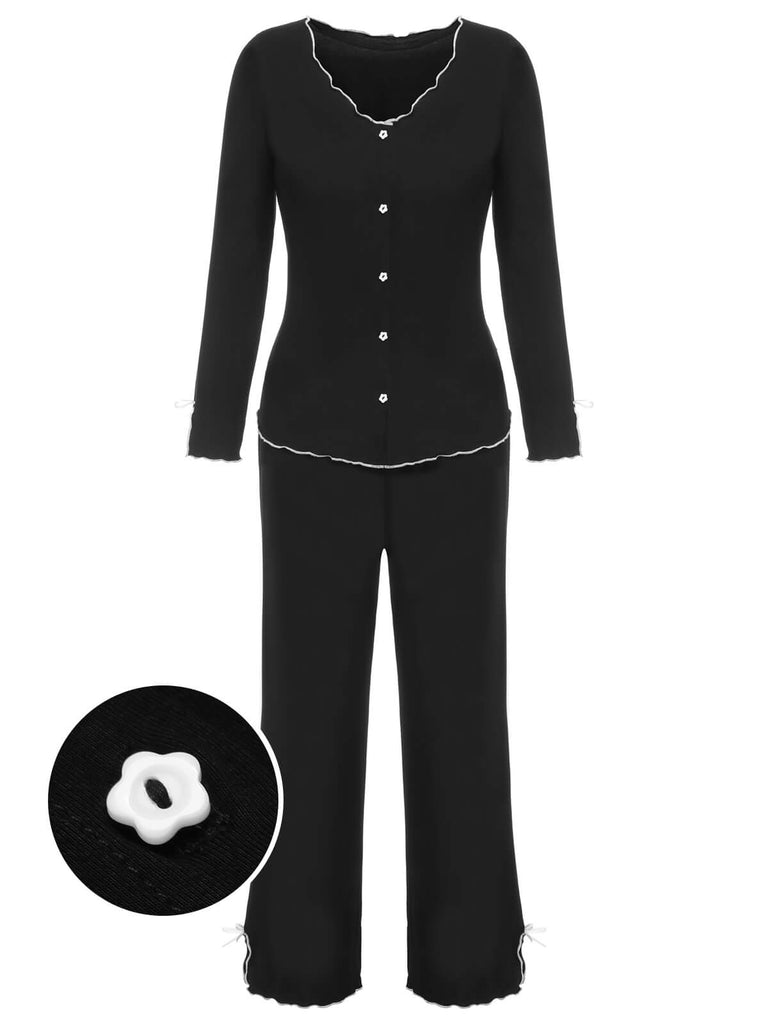 3PCS Black 1960s Solid Pajamas