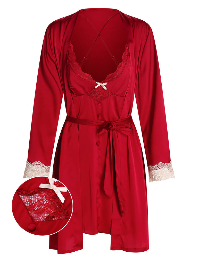 2PCS Red 1960s Lace Patchwork Nightgown