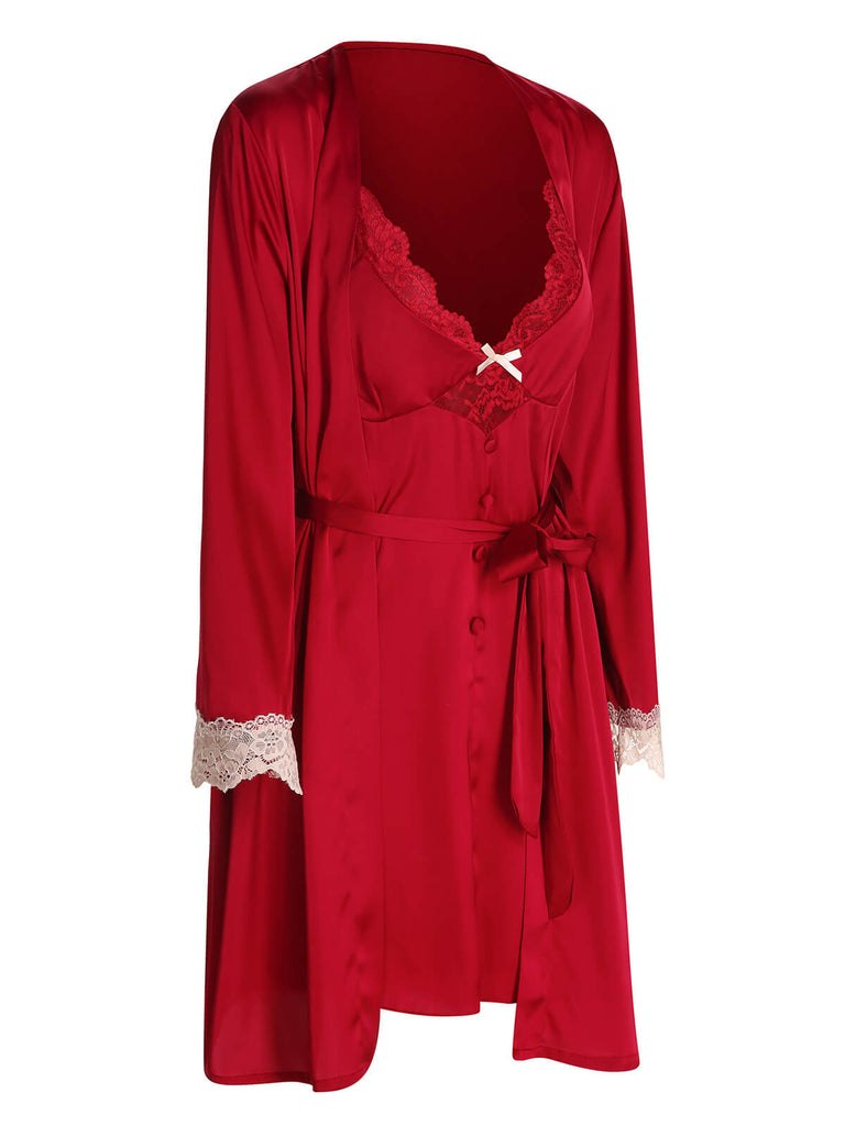 2PCS Red 1960s Lace Patchwork Nightgown
