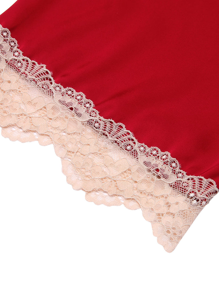 2PCS Red 1960s Lace Patchwork Nightgown