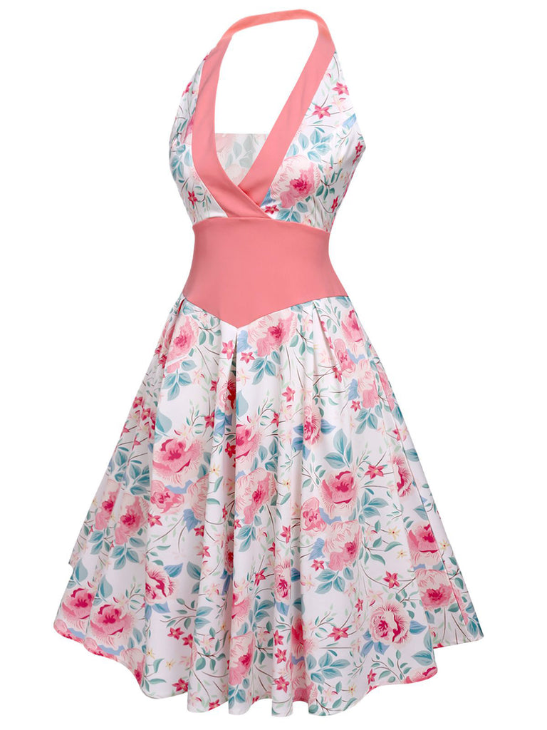 Pink 1950s Halter Floral Swing Dress