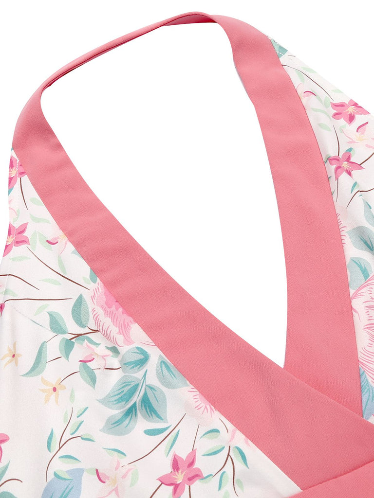 Pink 1950s Halter Floral Swing Dress
