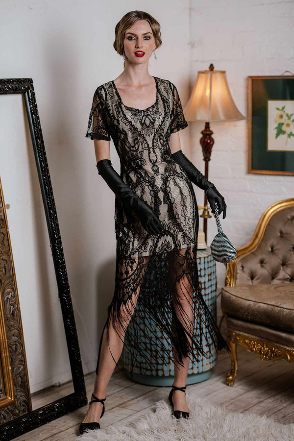 Retro Stage 1920s Fringe Lace Flapper Dress Black