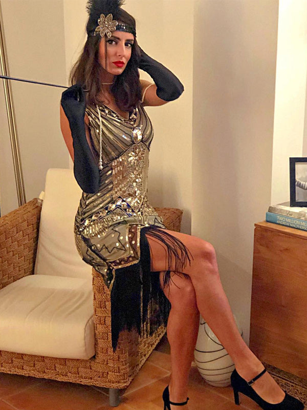 [US Warehouse] Champagne 1920s Sequined Flapper Dress