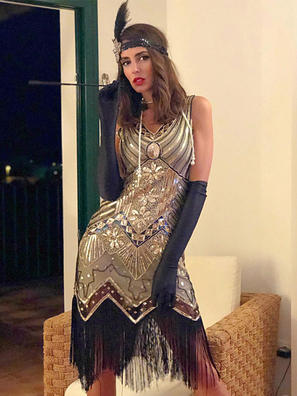 [US Warehouse] Champagne 1920s Sequined Flapper Dress & 6PCS Acccessories