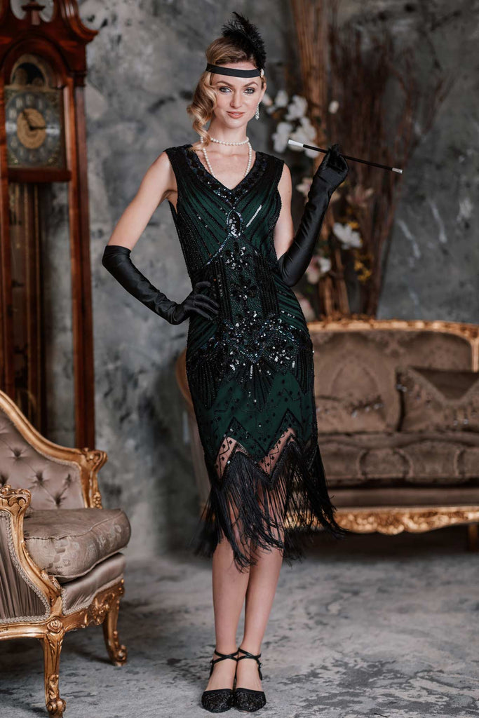 [US Warehouse] Dark Green 1920s Sequined Flapper Dress