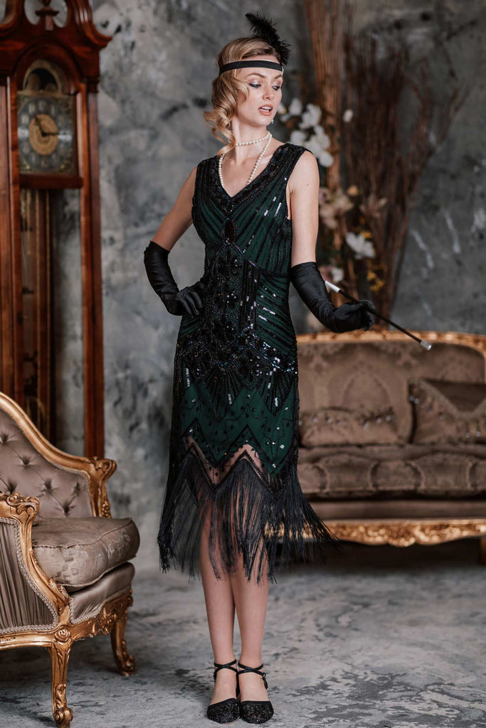 2PCS Top Seller Dark Green 1920s Dress & Accessories Set