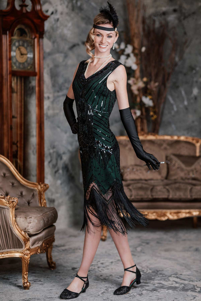 Dark Green 1920s Sequined Flapper Dress