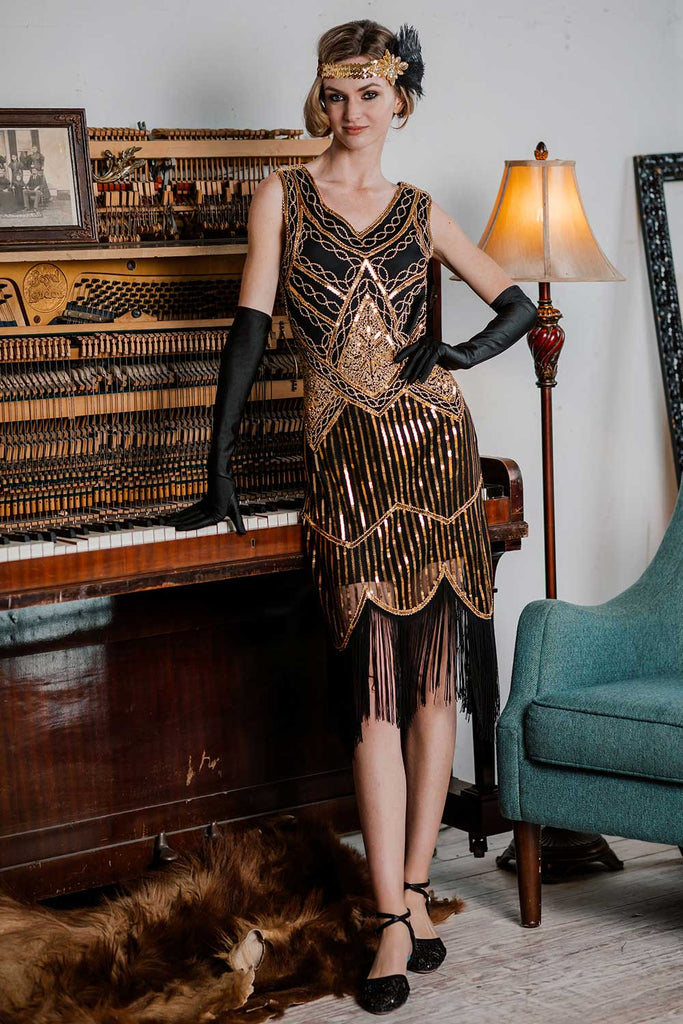 [US Warehouse] Gold 1920s Sequined Flapper Dress | Retro Stage