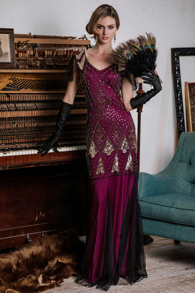 woman in a Rose Red 1920s Sequined Maxi Flapper Dress, wearing black gloves and holding a peacock feather fan