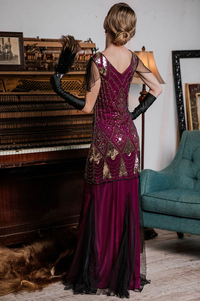 [US Warehouse] Rose Red 1920s Sequined Maxi Flapper Dress