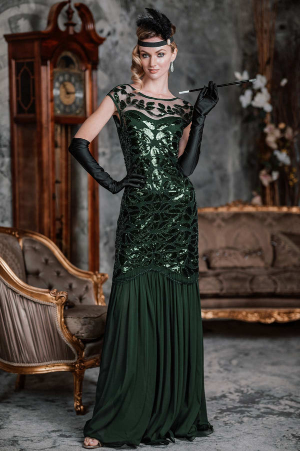 Retro Stage 1920s Sequin Maxi Flapper Prom Dress Dark Green,L