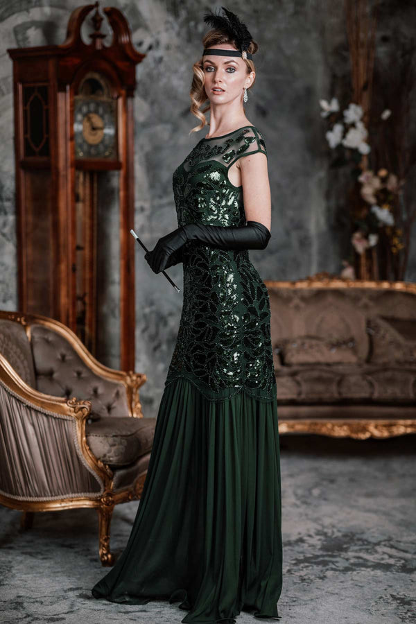Green 1920s Sequin Maxi Flapper Dress Retro Stage