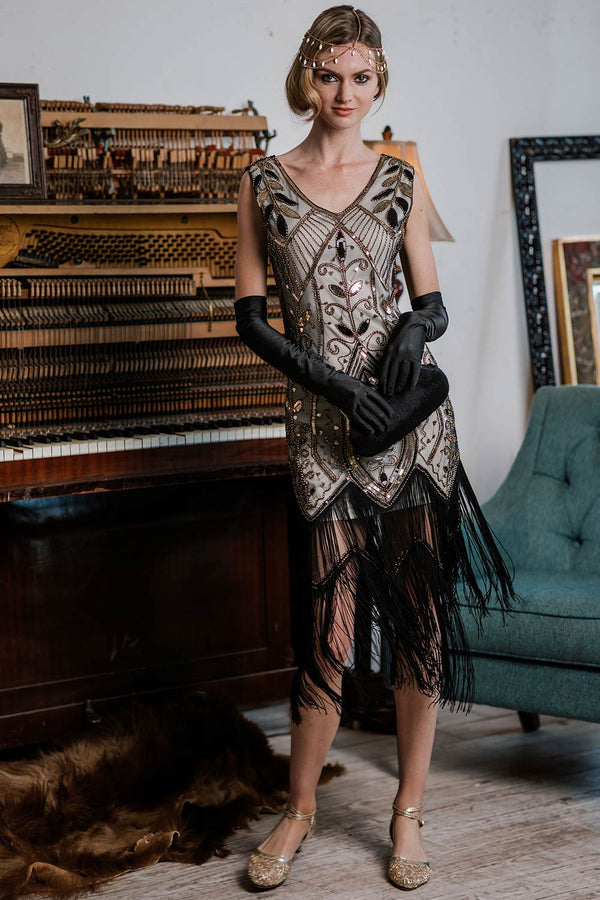 Retro Stage 1920s Sequined Fringe Dress White,L