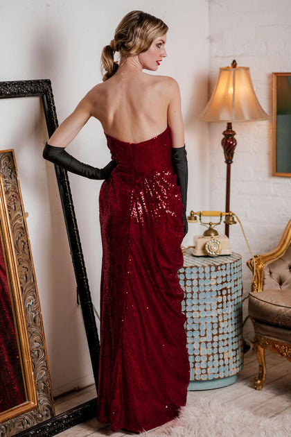 red strapless sequin dress Evening Thoughtful pleated detailing adds texture and sophistication Red Sequin Strapless Corset Gown