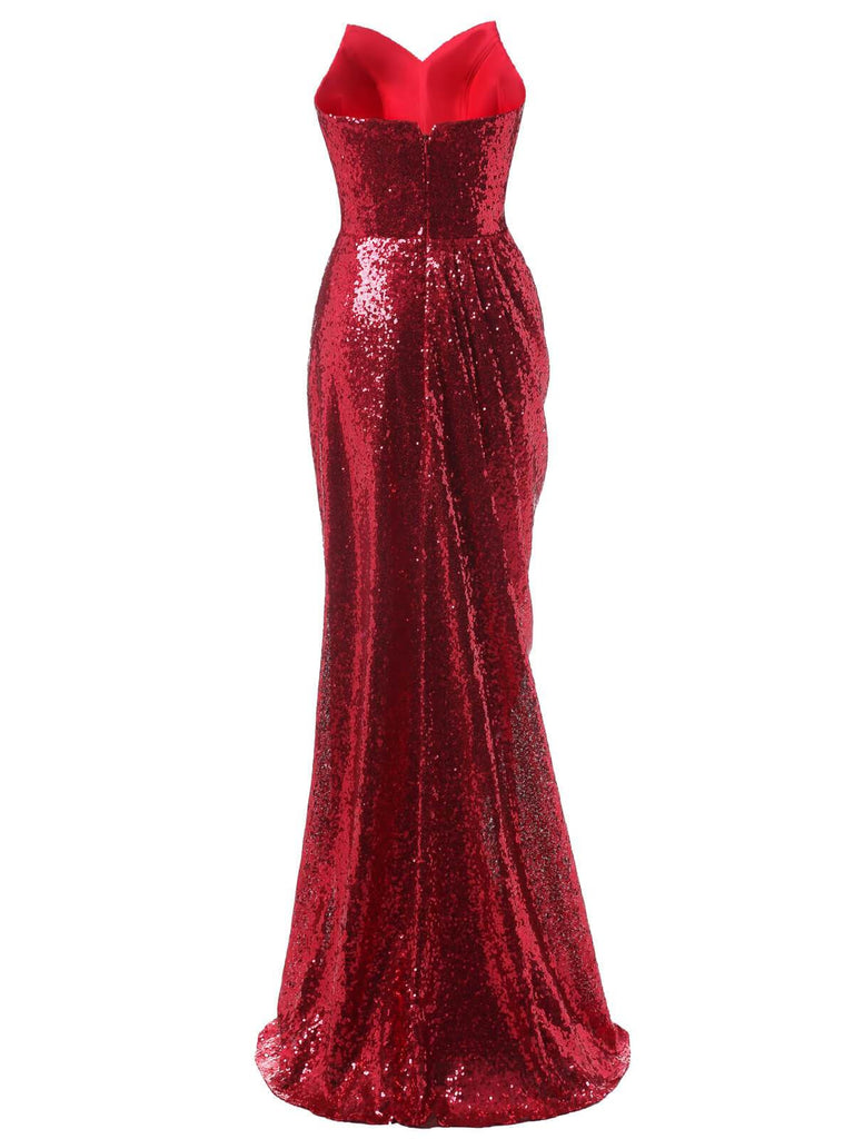 Red Sequin Strapless Sweetheart Slit Maxi Dress | Christmas & New Year's Eve Party Red Sequin Strapless Sweetheart Slit Maxi Dress | Christmas & New Year's Eve Party