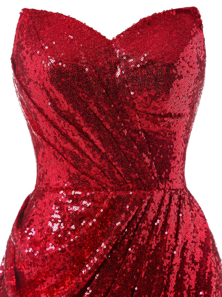 Red Sequin Strapless Sweetheart Slit Maxi Dress | Christmas & New Year's Eve Party