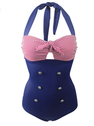 Stripe Patchwork Halter One-Piece Swimsuit, classic vintage style summer beach collection - Image 1