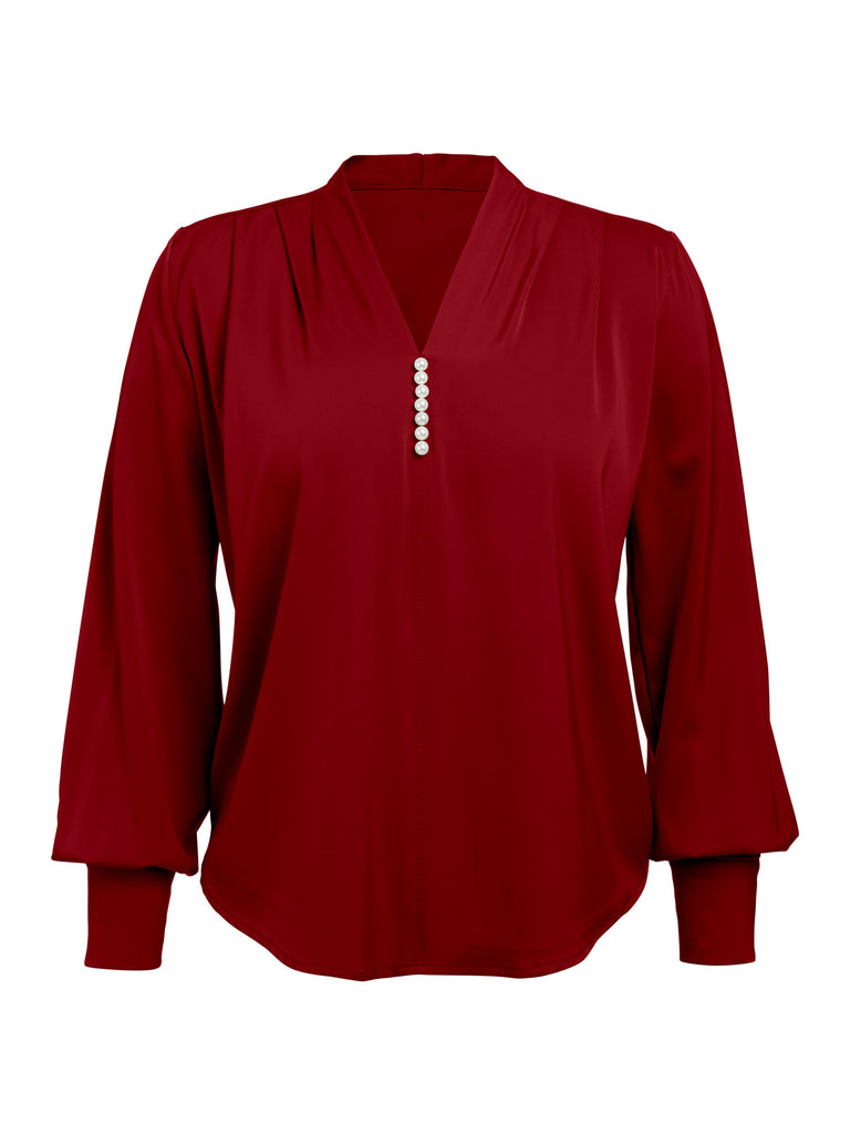 1930s Retro Solid V-neck Puff Sleeve Blouse