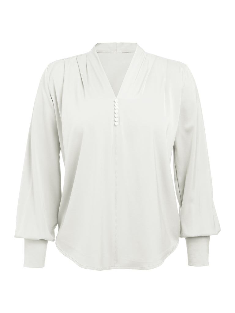 1930s Retro Solid V-neck Puff Sleeve Blouse