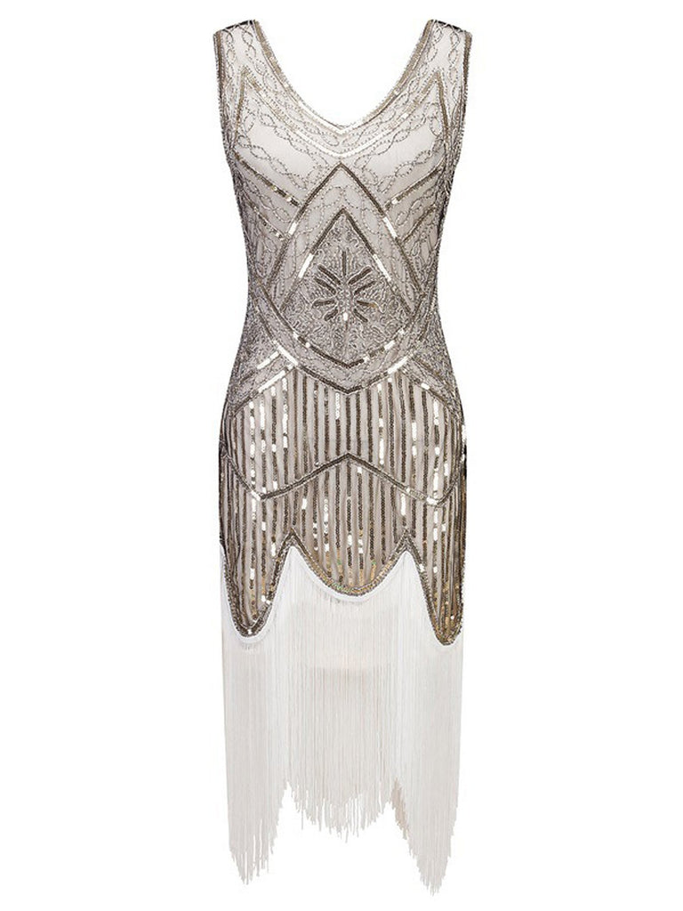 Womens 1920s Flapper Sequin Beads Roaring 20s Gatsby Costume Fringed Dress - White M Womens 1920s Flapper Sequin Beads Roaring 20s Gatsby Costume Fringed Dress - White M