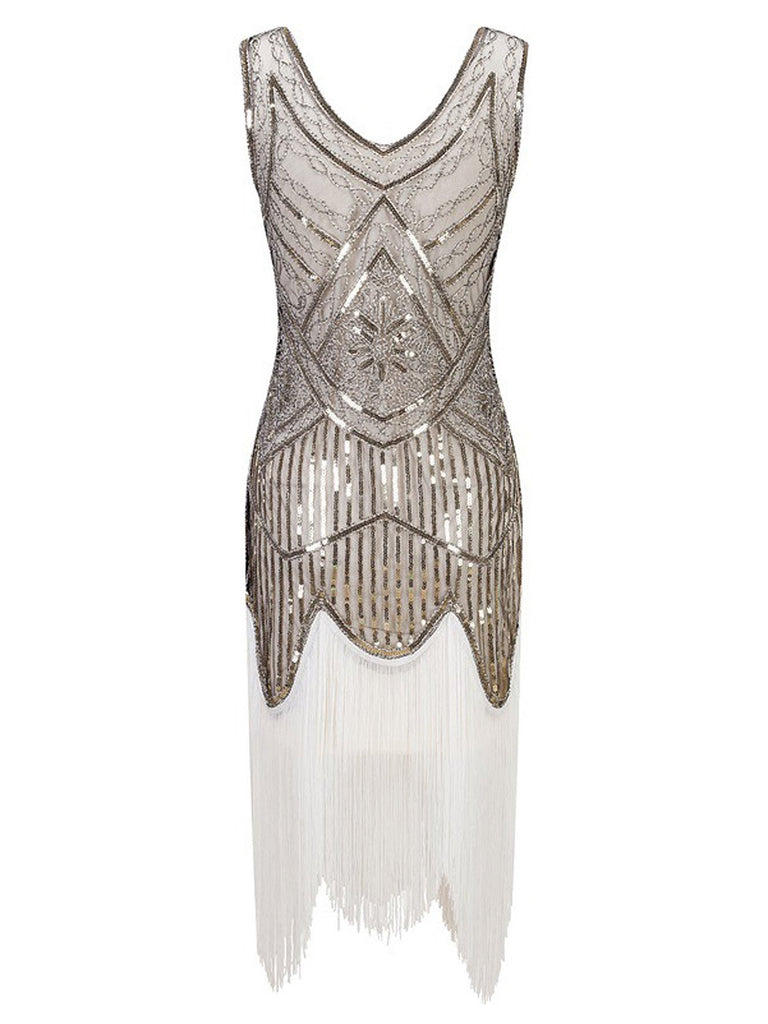 Womens 1920s Flapper Sequin Beads Roaring 20s Gatsby Costume Fringed Dress - White M Womens 1920s Flapper Sequin Beads Roaring 20s Gatsby Costume Fringed Dress - White M