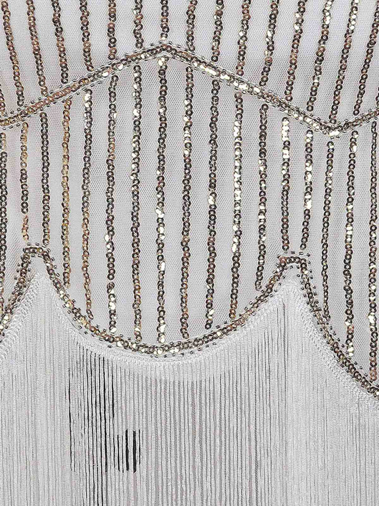 Womens 1920s Flapper Sequin Beads Roaring 20s Gatsby Costume Fringed Dress - White M Womens 1920s Flapper Sequin Beads Roaring 20s Gatsby Costume Fringed Dress - White M