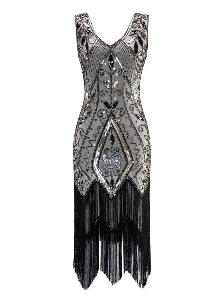 White 1920s Sequined Fringe Dress, classic 1920s style elegant retro fashion - Image 1