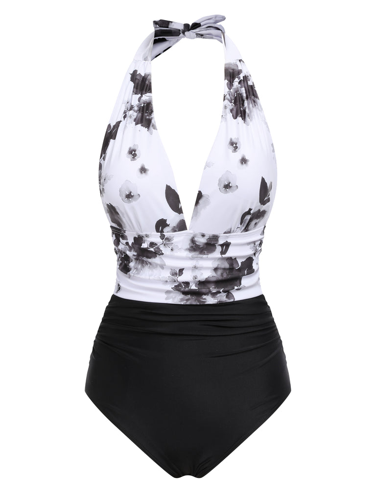 White 1940s Chinese Paint Halter Swimsuit: timeless style reimagined