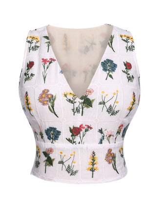 White 1950s Floral Embroidery Crop Top - vintage fashion, retro style, pure white