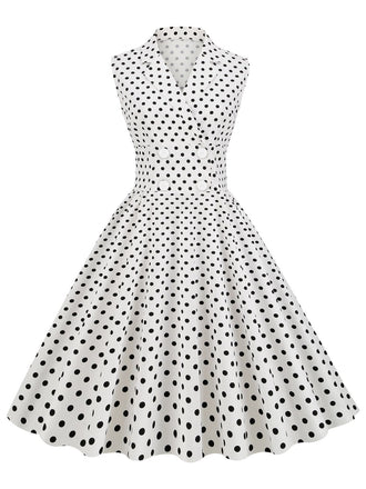 White 1950s Polka Dot Lapel Swing Dress: timeless style reimagined
