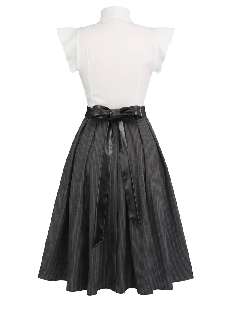 Retro Stage 1950s Stripe Lace-Up Swing Dress White & Gray Retro Stage 1950s Stripe Lace-Up Swing Dress White & Gray