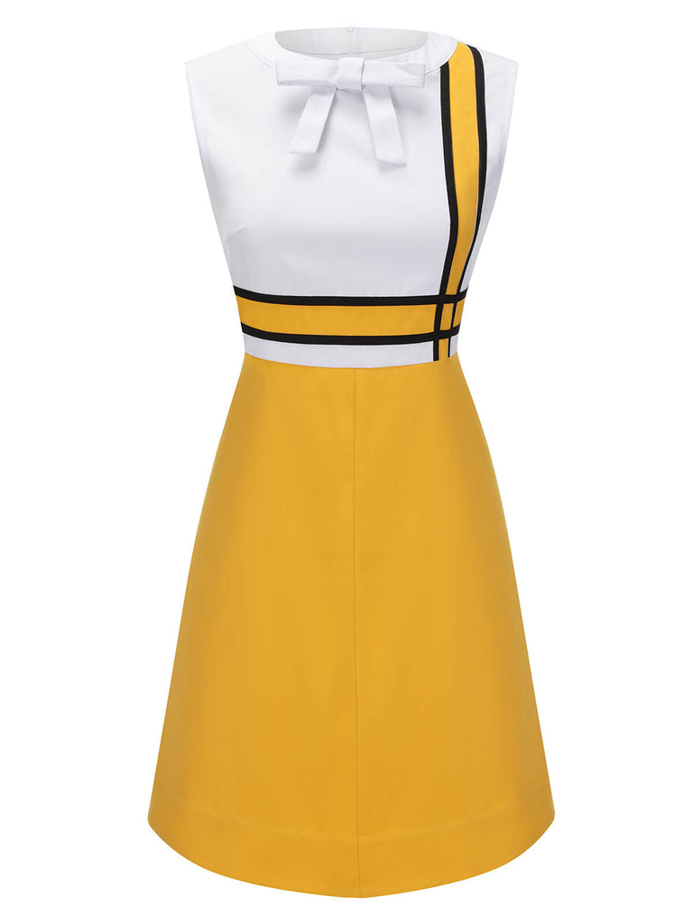 White & Yellow 1960s Bowknot Patchwork Dress, vintage dress, retro fashion - perfect for women who love vintage and retro fashion