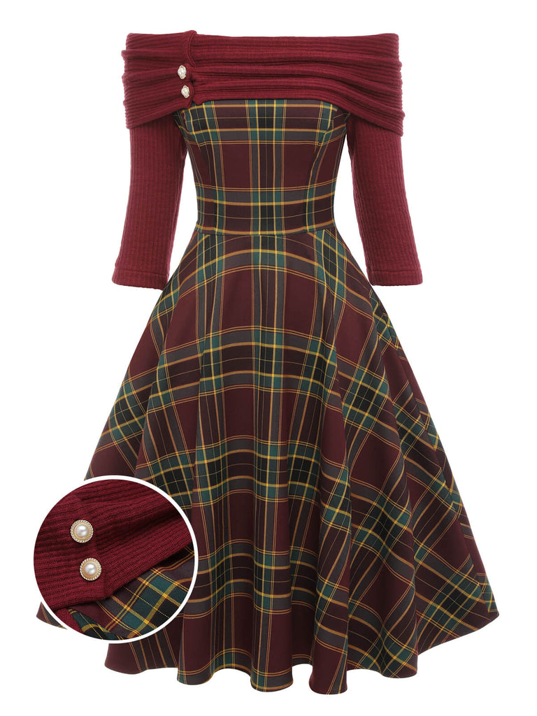 Retro Stage Burgundy Plaid Rib Knit Collar Off-Shoulder Fit-and-Flare Midi Dress Retro Stage Burgundy Plaid Rib Knit Collar Off-Shoulder Fit-and-Flare Midi Dress