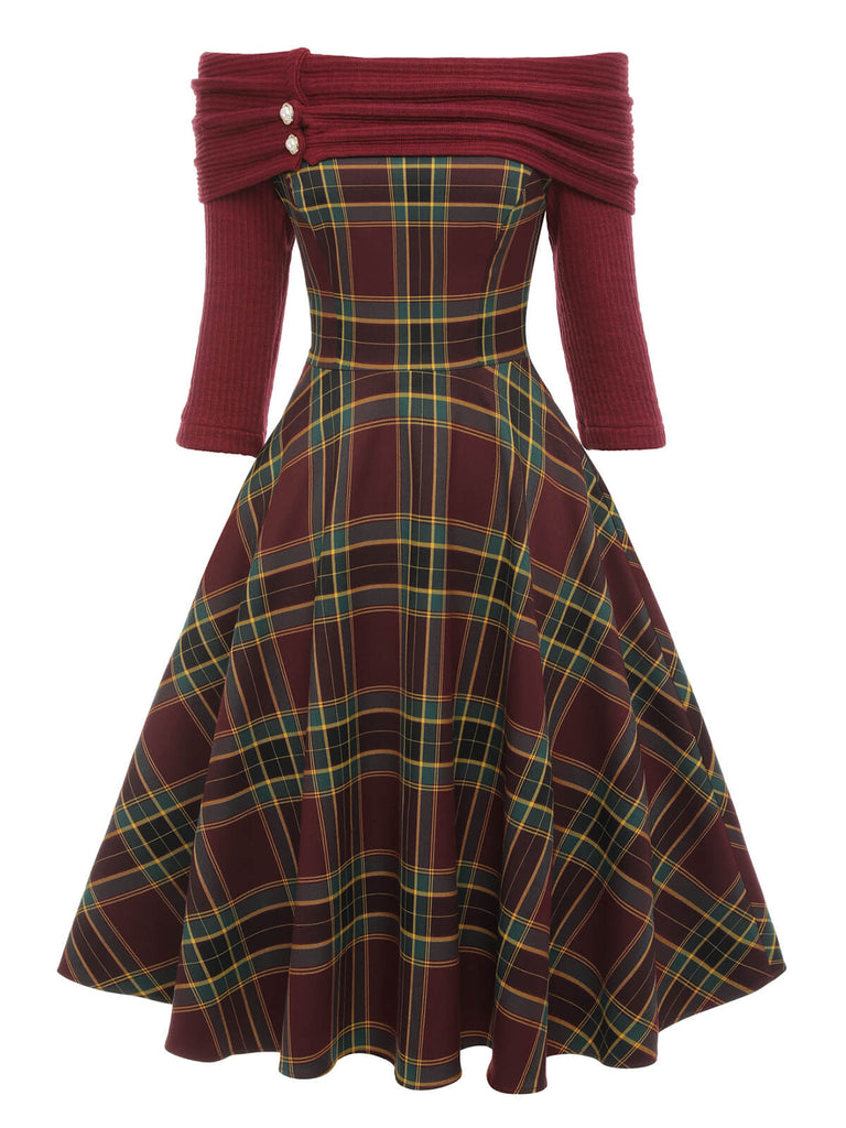 Retro Stage Burgundy Plaid Rib Knit Collar Off-Shoulder Fit-and-Flare Midi Dress Retro Stage Burgundy Plaid Rib Knit Collar Off-Shoulder Fit-and-Flare Midi Dress