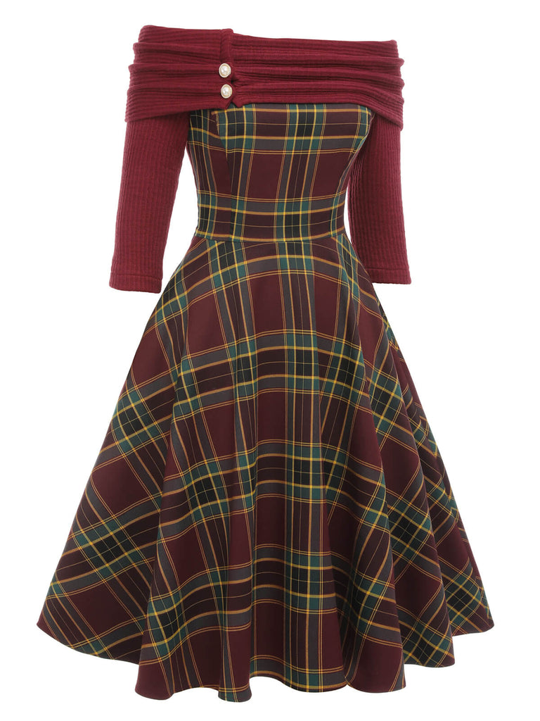 Wine Red 1950s Plaids Off-Shoulder Dress: timeless style reimagined