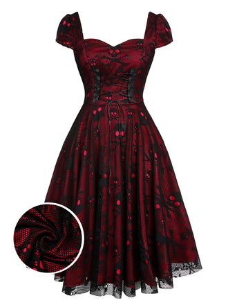 Wine Red 1950s Skull Mesh Swing Dress: timeless style reimagined