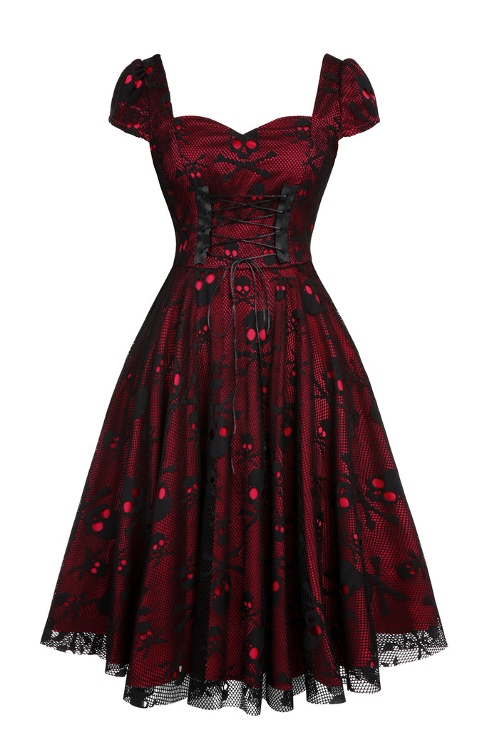 Halloween Skull Mesh Swing Dress Wine Red,L