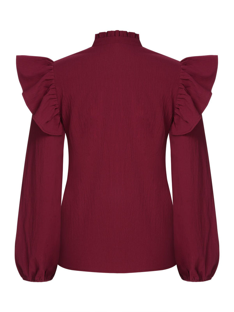 Wine Red 1950s Solid V-neck Ruffle Blouse, vintage top, retro blouse - perfect for women who love vintage and retro fashion