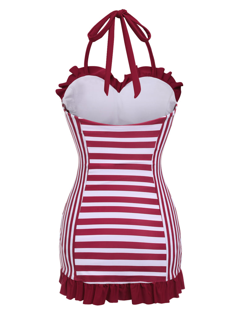 Wine Red 1950s Stripe Heart Collar Swimsuit — vintage elegance for the modern woman