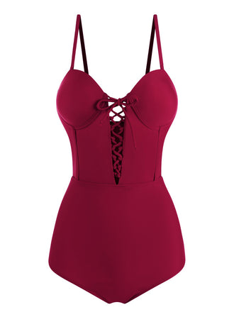 Wine Red 1960s Solid Spaghetti Strap One-piece Swimsuit: timeless style reimagined