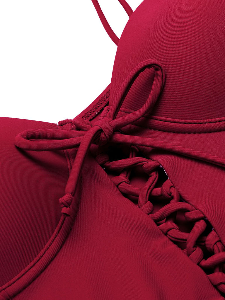 Wine Red 1960s Solid Spaghetti Strap One-piece Swimsuit — vintage elegance for the modern woman