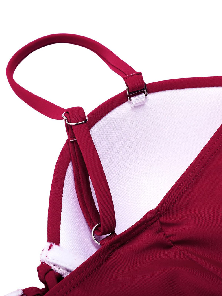 Wine Red 1960s Solid Spaghetti Strap One-piece Swimsuit: timeless style reimagined