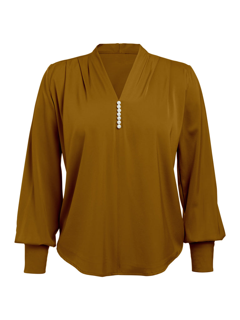 1930s Retro Solid V-neck Puff Sleeve Blouse