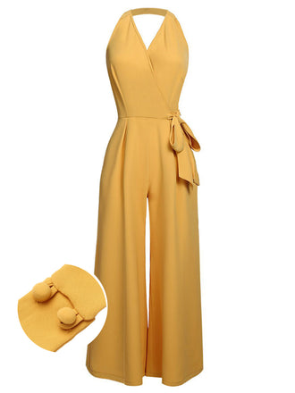 She finds her 1930s story in this Yellow 1930s Halter Lace-Up Jumpsuit