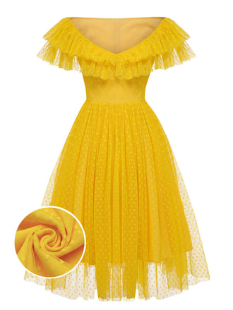 Yellow 1950s Dots Off-Shoulder Mesh Swing Dress: timeless style reimagined