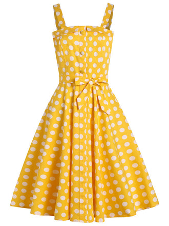 Yellow 1950s Polka Dot Straps Swing Dress: timeless style reimagined